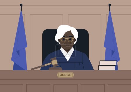 Téléchargez les illustrations : Portrait d'une juge africaine portant une robe dans une salle d'audience, la justice et le droit - en licence libre de droit