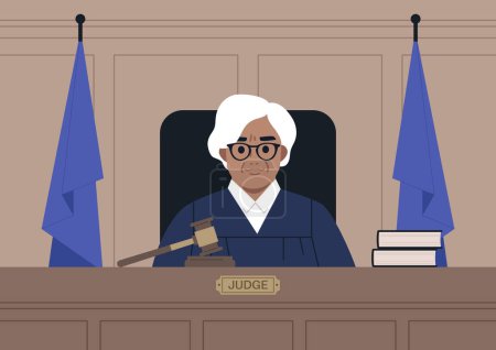 Téléchargez les illustrations : Portrait d'une juge caucasienne portant une robe dans une salle d'audience, la justice et le droit - en licence libre de droit