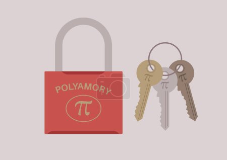 Illustration for Polyamory concept, a padlock and a set of keys of different color, romantic relationships with multiple partners - Royalty Free Image