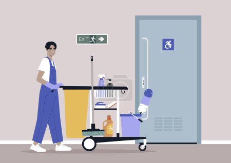 Illustration for A young character in overall uniform rolling a janitor cleaning service cart down the hall - Royalty Free Image