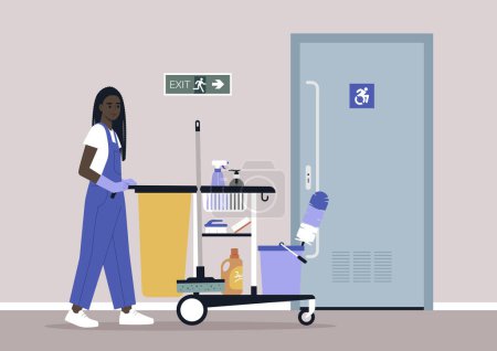 Illustration for A young character in overall uniform rolling a janitor cleaning service cart down the hall - Royalty Free Image