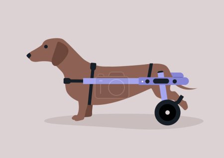 Illustration for A sausage dog with moving disability using a wheelchair support - Royalty Free Image