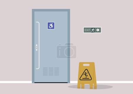 Illustration for A toilet for wheelchair users, a yellow caution wet floor sign, and a green sticker pointing the evacuation route - Royalty Free Image