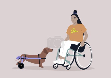 Illustration for A sausage dog with their female Asian owner, both using wheelchair support due to moving disability - Royalty Free Image