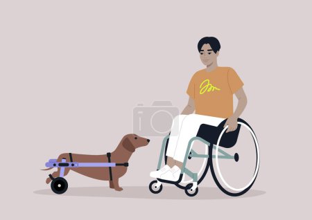 Illustration for A sausage dog with their male Asian owner, both using wheelchair support due to moving disability - Royalty Free Image