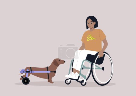 Illustration for A sausage dog with their female Caucasian owner, both using wheelchair support due to moving disability - Royalty Free Image