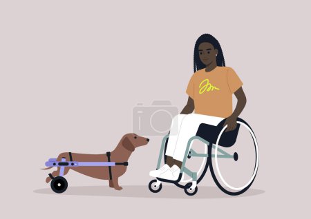 Illustration for A sausage dog with their female African owner, both using wheelchair support due to moving disability - Royalty Free Image