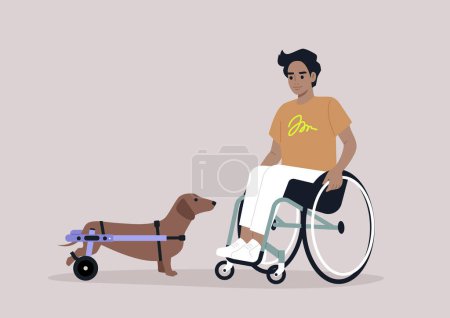Illustration for A sausage dog with their male Caucasian owner, both using wheelchair support due to moving disability - Royalty Free Image