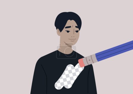 Illustration for Young male Asian character being erased by modern cancel culture, online social norms, the process of forgetting the ex-partner - Royalty Free Image