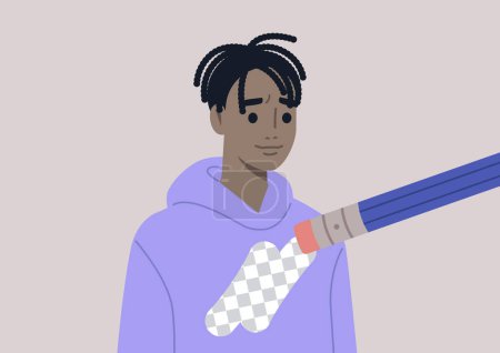Illustration for Young male African character being erased by modern cancel culture, online social norms, the process of forgetting the ex-partner - Royalty Free Image