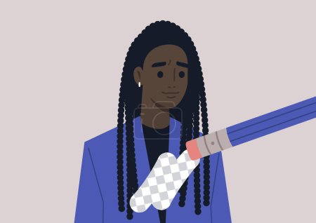 Ilustración de Joven personaje africano femenino siendo borrado por la moderna cultura de cancelación, normas sociales en línea, el proceso de olvido de la ex pareja - Imagen libre de derechos