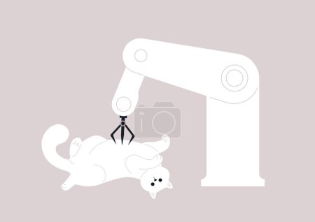 Téléchargez les illustrations : Une main robotisée frottant le ventre d'un chat, les nouvelles technologies et le mode de vie moderne - en licence libre de droit