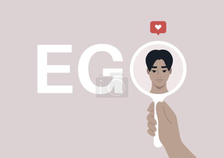 Illustration for A male Asian character looking at themselves in the mirror, Ego concept, self love and acceptance - Royalty Free Image