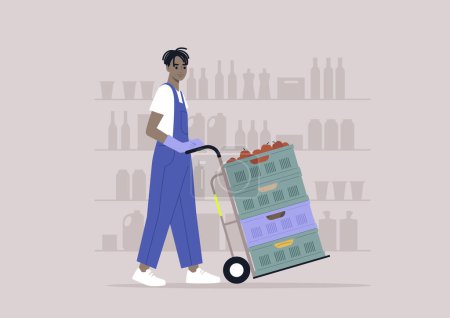 Illustration for A young character in denim overalls pushing a cart with a stack of crates, supermarket jobs - Royalty Free Image