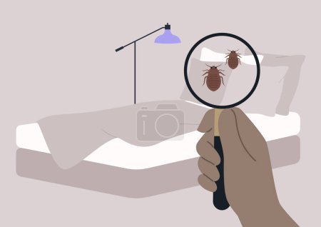Téléchargez les illustrations : Bed bugs problem, a hand inspecting a bedding with a magnifying glass - en licence libre de droit