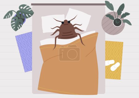 Illustration for Bed bugs problem, a huge insect sleeping in bed, an infestation metaphor - Royalty Free Image