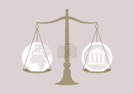 Illustration for Capitalism and climate change, planet earth and a silver coin on the scales - Royalty Free Image