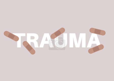Téléchargez les illustrations : Trauma sign covered with band aid plasters, anxiety treatment, depression and stress - en licence libre de droit