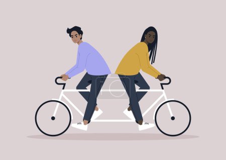 Ilustración de Two characters riding same bike in different directions, a metaphor of argument and disagreement - Imagen libre de derechos