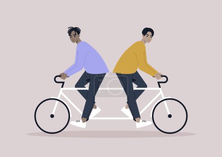 Ilustración de Two characters riding same bike in different directions, a metaphor of argument and disagreement - Imagen libre de derechos