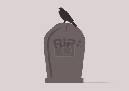 Illustration for A gray gravestone with a black raven sitting on top - Royalty Free Image