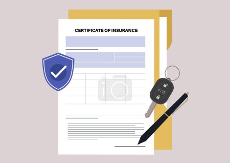 Illustration for Certificate of insurance blank signed and secured, A legal document template - Royalty Free Image