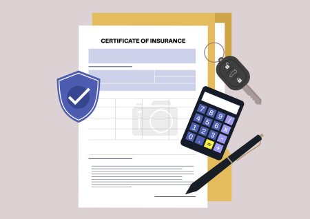 Ilustración de Certificado de seguro en blanco firmado y asegurado, Una plantilla de documento legal - Imagen libre de derechos