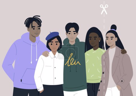 Illustration for Ex friends concept, a group photo with a cut line, cancel culture - Royalty Free Image