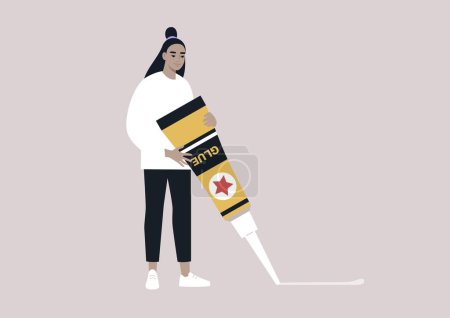 Téléchargez les illustrations : A young female Asian character holding a giant tube of glue - en licence libre de droit