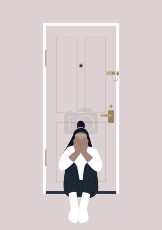 Illustration for A young character sitting on the floor with their back turned to the entrance door - Royalty Free Image