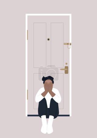 Téléchargez les illustrations : Un jeune personnage assis sur le sol le dos tourné vers la porte d'entrée - en licence libre de droit