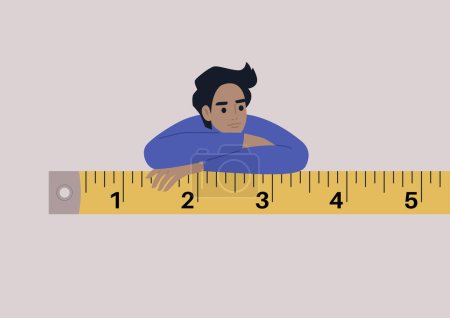 Illustration for A young male Caucasian character leaning on a tape ruler, construction industry, precise measurements - Royalty Free Image