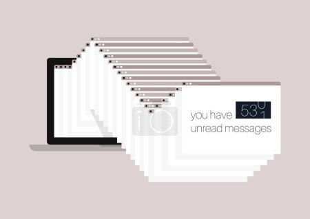 Unread messages organized as a cascade of pages popping out of the laptop, overwhelming work