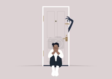 Illustration for A young character sitting on the floor with their back turned to the entrance door, A spooky monster hand trying to unlock a chain lock, unsafe environment - Royalty Free Image