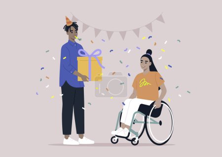 Illustration for A birthday party, a jubilee using a wheelchair support due to moving disability - Royalty Free Image