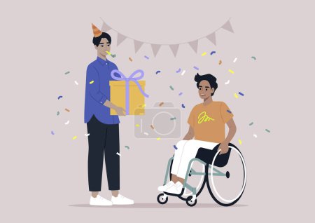 Téléchargez les illustrations : A birthday party, a jubilee using a wheelchair support due to moving disability - en licence libre de droit