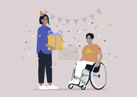 Illustration for A birthday party, a jubilee using a wheelchair support due to moving disability - Royalty Free Image