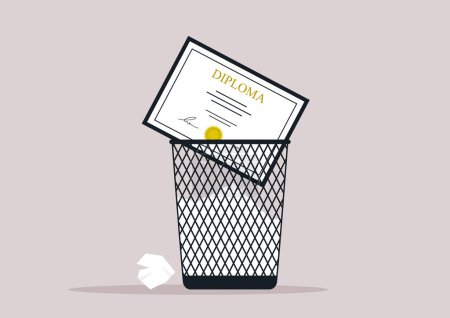 Illustration for A diploma thrown out in a garbage bin, an educational crisis - Royalty Free Image