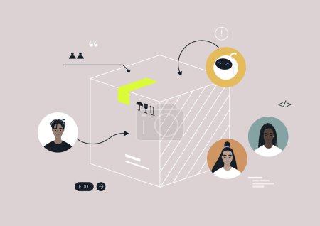 Ilustración de A teamwork organizational scheme, a diverse group of young professionals developing a product, an AI generator as a team member - Imagen libre de derechos