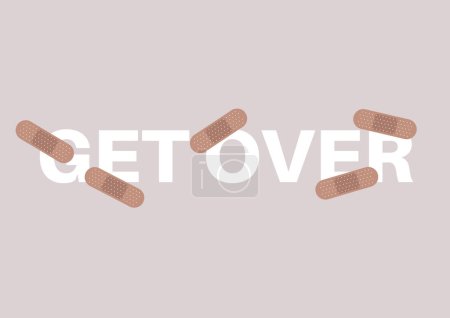 Get over, a sign covered with adhesive patches, overcoming heartbreaks and other difficult situations