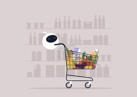 Ilustración de Asistente robot redondo lindo haciendo compras en un supermercado - Imagen libre de derechos