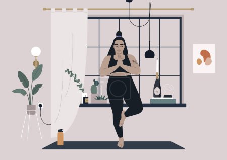 Téléchargez les illustrations : Un jeune personnage féminin pratiquant le yoga à la maison, une pose d'arbre - en licence libre de droit