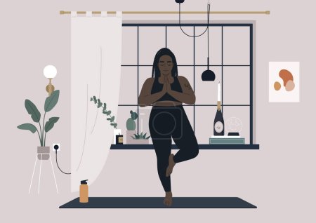 Téléchargez les illustrations : Une jeune femme caractère africain pratiquant le yoga à la maison, une pose d'arbre - en licence libre de droit