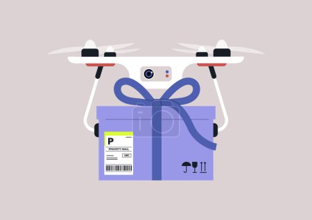 Illustration for A contactless copter delivery, a drone carrying a priority mail box decorated with a ribbon, a modern shipment process - Royalty Free Image