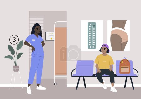 Illustration for A clinic hallway, a gynecologist cabinet waiting area, a young hispanic patient wearing a cap - Royalty Free Image
