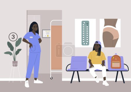 Illustration for A clinic hallway, a gynecologist cabinet waiting area, A young African character sitting in the corridor - Royalty Free Image