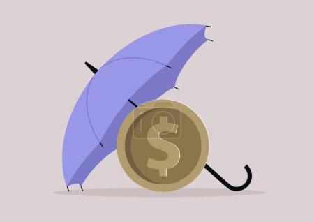 Illustration for A dollar coin hidden under an open umbrella, financial instruments of protection - Royalty Free Image