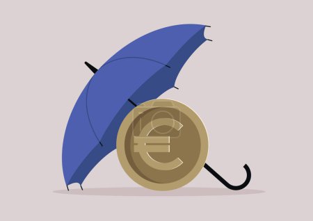 Illustration for A Euro coin hidden under an open umbrella, financial instruments of protection - Royalty Free Image