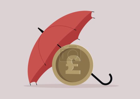 Illustration for A GBP coin hidden under an open umbrella, financial instruments of protection - Royalty Free Image