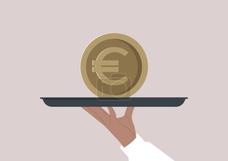 Illustration for A hand holding a big euro coin on a tray - Royalty Free Image